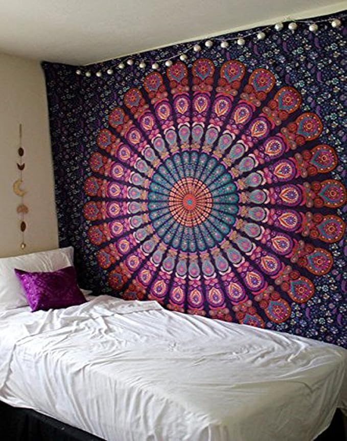 raajsee Indian Cotton Purple Tapestry Mandala Wall Hangings, Hippie Tapestries,Boho Throw Bohemian Bedding, Beach Blanket, Yoga Meditation Rugs Queen Bedspread Queen (82x92 Inches / 210x232 Cms)