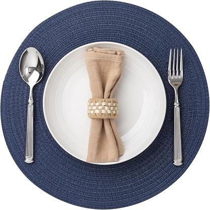 Round Placemats Set of 6 Woven Placemats Washable Braided Table Mats for Dining Table Heat Resistant Non-Slip Circle Place Mats(Navy Blue)