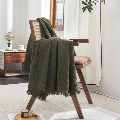 FOSSA Muslin Blanket with Fringe - 4-Layer 100% Cotton Gauze Super Soft & Breathable Throw -Lightweight Decorative Cooling Blanket for Bed, Sofa, Office (Olive Green, Queen (90" × 90"))