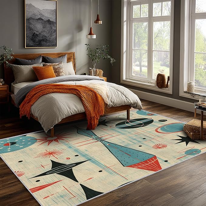 Mid Century Rug 7x9 Retro Abstract Atomic Starburst Pattern, Washable Living Room Bedroom Area Rugs, Mid Century Decor for Home, Soft Non Slip Indoor Carpet, Low Pile Design & G867