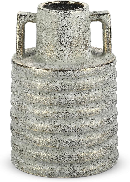 Hollyone Large Vintage Ceramic Vase with 2 Handles, 9.1" Tall Gold-Toned Antique Rustic Decorative Floral Grey Vases for Flowers Home Table Centerpiece Shelf Living Room Entryway Farmhouse Decor