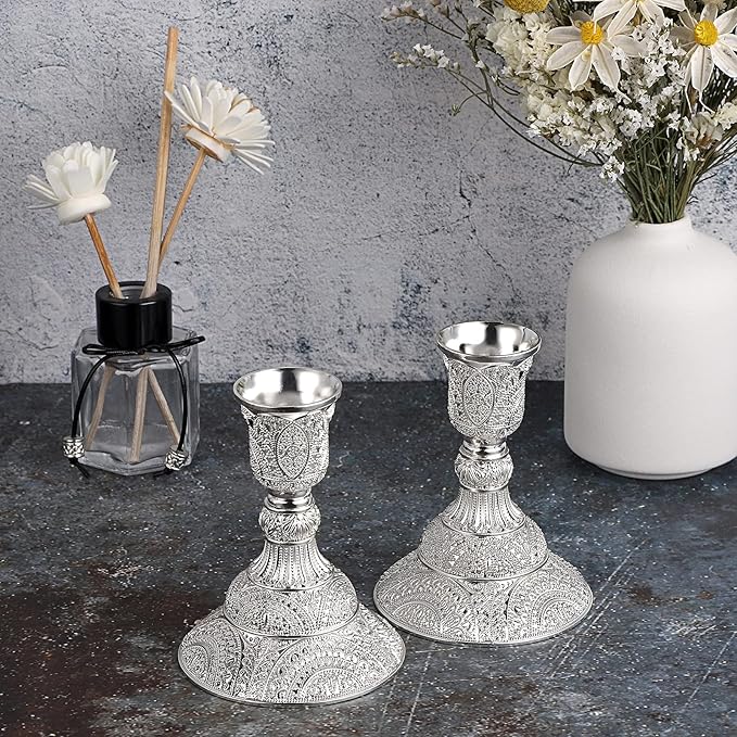 OwnMy 2PCS Brass Taper Candle Holders Candle Stick Holders Set Vintage Metal Pillar Candlestick Holders, 4”H Elegant Candle Stand Candelabra for Dining Table Centerpieces Wedding Home Decor, Silver