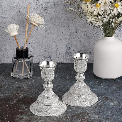 OwnMy 2PCS Brass Taper Candle Holders Candle Stick Holders Set Vintage Metal Pillar Candlestick Holders, 4”H Elegant Candle Stand Candelabra for Dining Table Centerpieces Wedding Home Decor, Silver