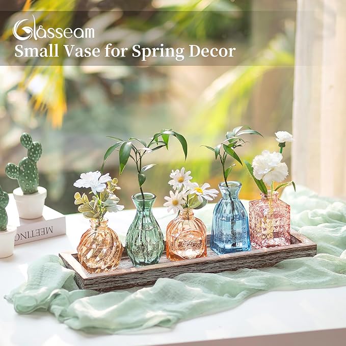 Glasseam Glass Bud Vases for Flower: 5 Colorful Small Vases Set with Rustic Wooden Tray for Home Office Living Room Bathroom - Vintage Table Centerpieces for Birthdays Wedding Housewarming Gifts