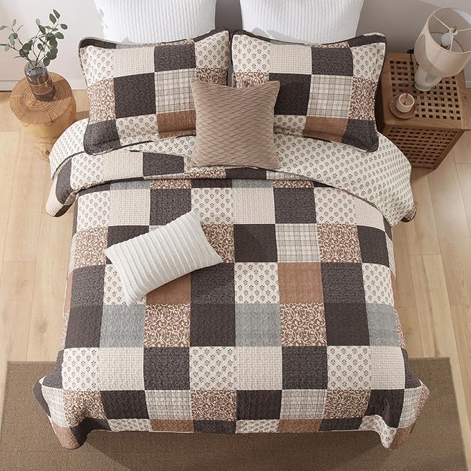 100% Cotton Quilt Set Queen Size - Plaid Quilted Comforter, Patchwork Reversible Queen Quilt Bedspread, Modern Farmhouse Lightweight Bedding for Queen Bed, 3pcs, Beige/Brown/Gray