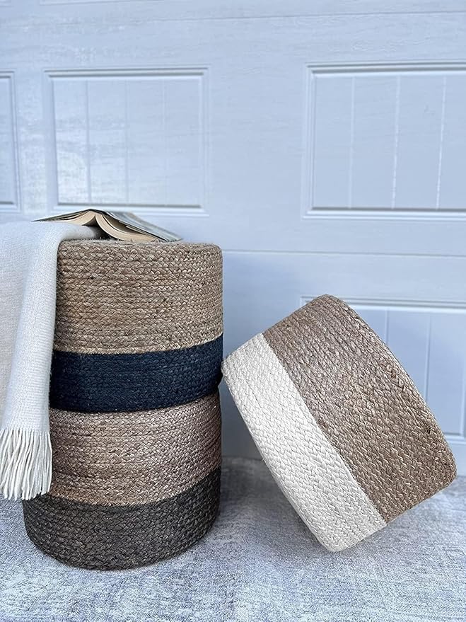 Jute Pouf Ottoman | Footrest Pouf | Hand Braided - Round Boho Pouffe - for Living Room, Bedroom, Nursery (20"x20"x10") Grey
