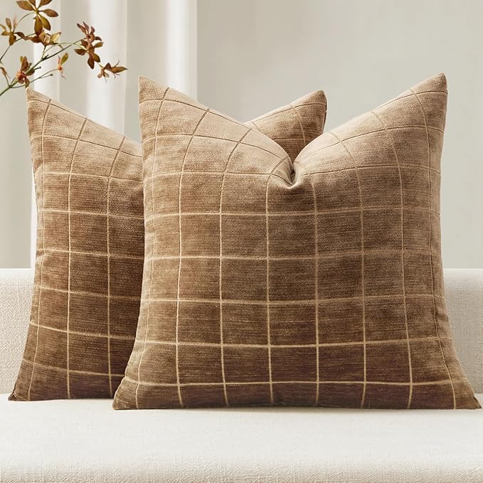 MIULEE Decorative Chenille Check Throw Pillow Covers Vintage Plaid Couch Pillows 18x18 Inch Set of 2 Neutral Boho Farmhouse Cushion Covers Modern Home Decor for Sofa Bed Living Room Toffee