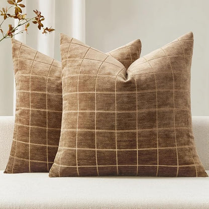 MIULEE Decorative Chenille Check Throw Pillow Covers Vintage Plaid Couch Pillows 18x18 Inch Set of 2 Neutral Boho Farmhouse Cushion Covers Modern Home Decor for Sofa Bed Living Room Toffee