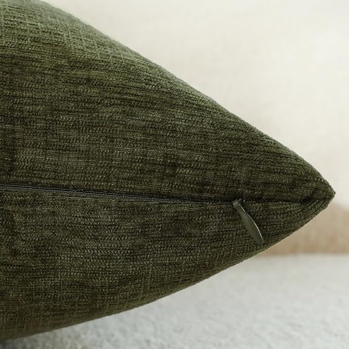 Sage Green Chenille Decorative Couch Throw Pillow Covers, Soft Cushion Cases for Home Livingroom Sofa Décor, Pack of 2, 18 x 18 Inches