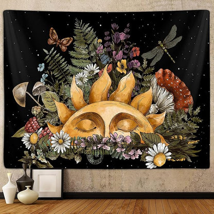 Boho Sun Tapestry for Bedroom Aesthetic, Vintage Mushroom Botanical Plant Art Tapestries Wall Hanging for College Dorm Living Room Decor 60X40", Fairy Galaxy Poster Blanket