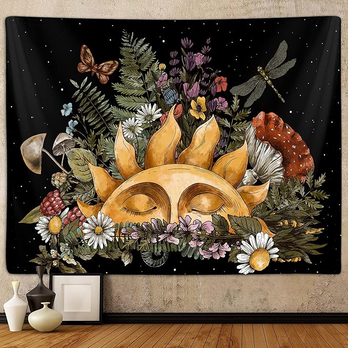 Boho Sun Tapestry for Bedroom Aesthetic, Vintage Mushroom Botanical Plant Art Large Tapestries Wall Hanging for College Dorm Living Room Decor 80X60", Fairy Galaxy Poster Blanket