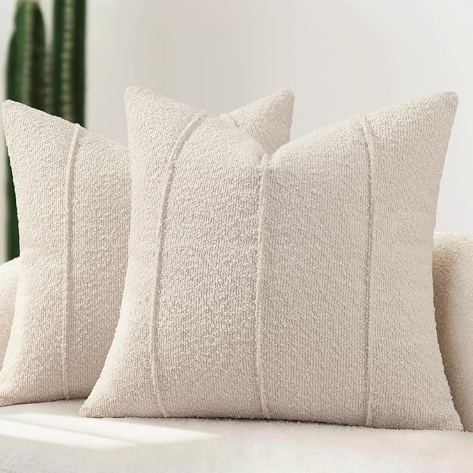 YCOLL Textured Boucle Throw Pillow Covers 20x20 Pack of 2 - Soft Neutral Striped Cushion Covers, Cozy Accent Decorative Pillow Covers for Couch, Sofa, Bed, Living Room (Beige)