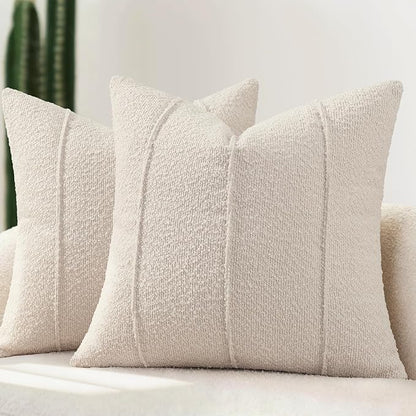YCOLL Textured Boucle Throw Pillow Covers 20x20 Pack of 2 - Soft Neutral Striped Cushion Covers, Cozy Accent Decorative Pillow Covers for Couch, Sofa, Bed, Living Room (Beige)