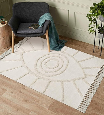 Uphome Boho Area Rug 3'x5' Washable Evil Eye Tufted Bedroom Rug with Tassels Soft Cotton Woven Entryway Rug Modern Minimalist Beige Floor Mats for Home Living Room Kitchen Hallway