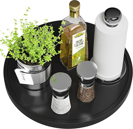 Lazy Susan for Table, 12 Inch Non-Skid Bamboo Turntable Organizer for Salt Pepper Spices and Olive Oil Next to Stove, Wooden Rotating Tray for Kitchen Countertop Organizer Black