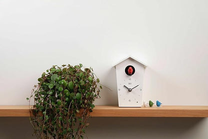 KOOKOO Birdhouse Mini White, Tiny Modern Cuckoo Clock with 12 Natural Bird Songs or Cuckoo Call