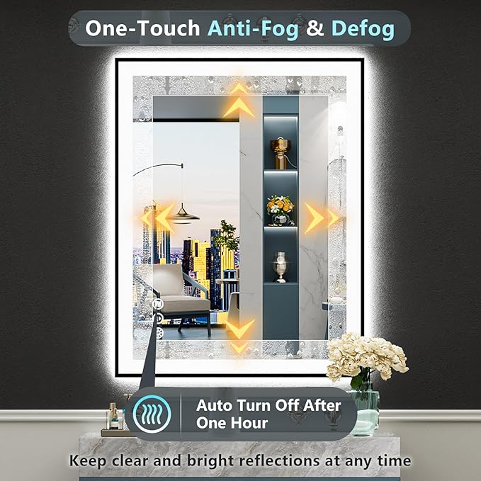 24x30 Black Framed LED Bathroom Mirror with Lights, Backlit + Front Lit, Anti-Fog Lighted Vanity Mirror for Bathroom Wall with 3 Colors, Dimmable, Memory, Tempered Glass, Horizontal/Vertical
