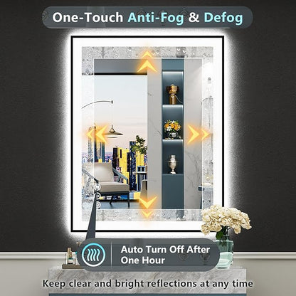 24x30 Black Framed LED Bathroom Mirror with Lights, Backlit + Front Lit, Anti-Fog Lighted Vanity Mirror for Bathroom Wall with 3 Colors, Dimmable, Memory, Tempered Glass, Horizontal/Vertical