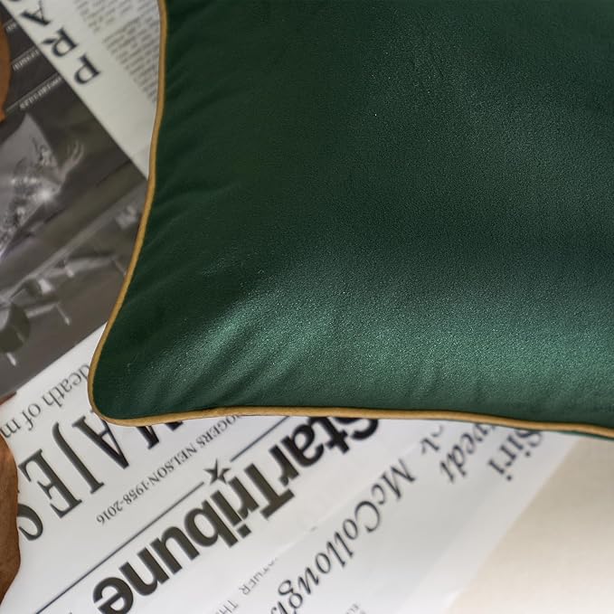 Aeckself Pack of 2 Green Velvet Pillow Covers 20 x 20 Inch, Modern Luxury Decorative Pillowcase with Gold Trim Edge, Comfortable Soft Solid Cushion Case for Couch Bedroom Living Room