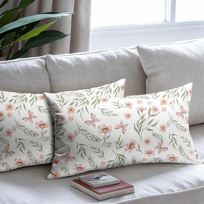 Spring Pillow Covers 12x20 Set of 2 Sage Green Pink Floral Throw Pillow Covers Boho Pillowcase Linen Decoration Farmhouse Soft Decorative Butterfly Cushion Case Couch for Indoor Outdoor Home Decor