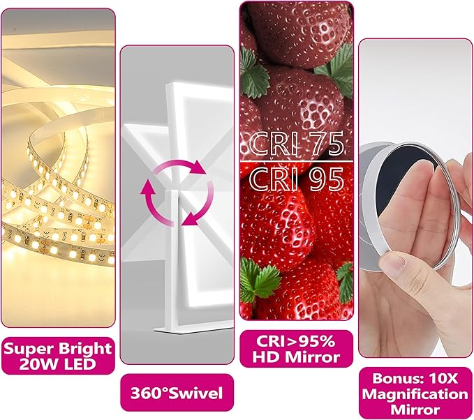 Hollywood Vanity Mirror with Lights, 17" L x 13" W LED Lighted Makeup Mirror, Dimmable & Three Color Lighting Modes, 10X Magnification Mirror, CRI>95% HD, 20W High Brightness (96 LED)