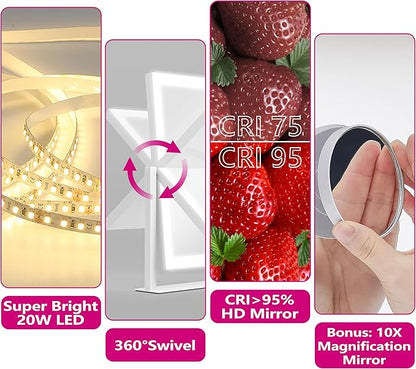 Hollywood Vanity Mirror with Lights, 17" L x 13" W LED Lighted Makeup Mirror, Dimmable & Three Color Lighting Modes, 10X Magnification Mirror, CRI>95% HD, 20W High Brightness (96 LED)