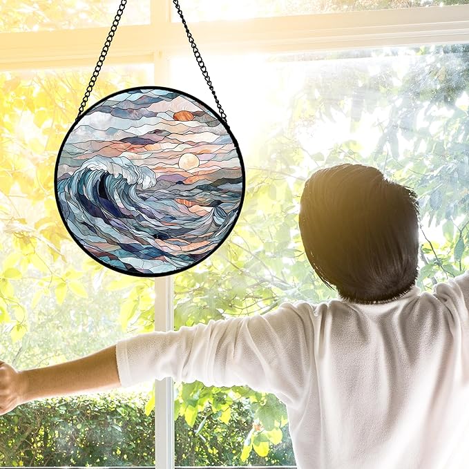 DASTOLL Stained Glass Window Hanging, Sunrise Waves Sun Catchers Diamond Glass Panel Hangings Abstract Suncatcher Decor for Birthday for Women, Men, Wife, Aunt, and Mom 9.8 in