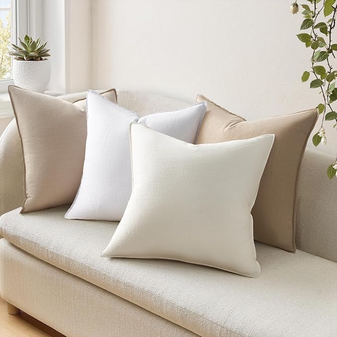 Natural Throw Pillow Covers with Press Edge Design Pack of 4 Solid Linen Decorative Pillow Covers Soft Accent Boho Pillowcases Modern for Couch Bed Living Room Balcony and Car 16x16 Inch