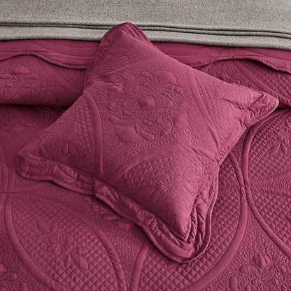 Oversized Bedspread - Queen Size Bedding Cover - Modern & Contemporary Coverlet Set, Real Stitching, Reversible, Lightweight, 4 Piece, Burgundy