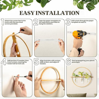 Plant Propagation Stations - Set of 3 Bamboo Wall Planters for Indoor Plants with 5 Glass Plant Propagation Tubes | Propagation Vases for Plants | Aesthetic Plant Wall Decor