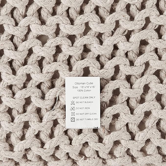 REDEARTH · Square Pouf Ottoman Foot Stool - Hand Knitted Bean Bag - Cord Boho Pouffe - Accent Poof for Living Room - Nursery - Bedroom - Kids Bedroom - Patio (16" x 16" x 16") - Ivory, Set of 2