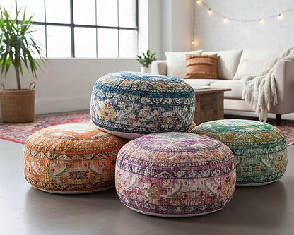 Colorful Pouf Cover Orange Round Orange Floor Pillow Seating Area Stool Boho Room Décor Accent Furniture Perfect for Living Room, Bedroom, Nursary or Children Room Cotton 24x8 Unstuffed