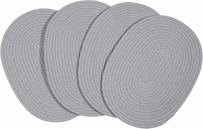 4 Pack Oval Woven Cotton Rope Placemats - Grey Braided Plate Chargers 12 * 16 Inch Farmhouse Boho Vintage Heat Resistant Outdoor Tablemats for Patio, Wedding Party