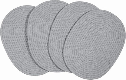 4 Pack Oval Woven Cotton Rope Placemats - Grey Braided Plate Chargers 12 * 16 Inch Farmhouse Boho Vintage Heat Resistant Outdoor Tablemats for Patio, Wedding Party