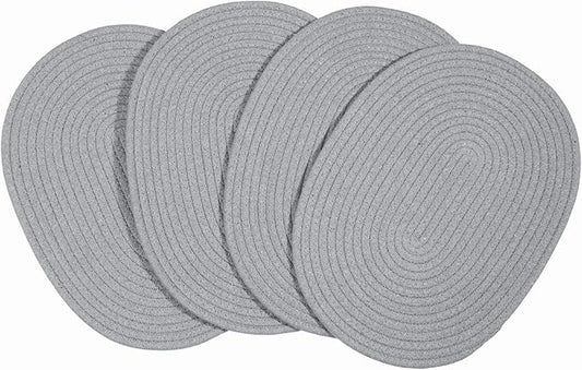 4 Pack Oval Woven Cotton Rope Placemats - Grey Braided Plate Chargers 12 * 16 Inch Farmhouse Boho Vintage Heat Resistant Outdoor Tablemats for Patio, Wedding Party