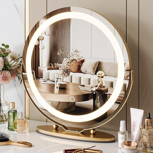IDEALHOUSE 19 inch Makeup Mirror with Lights, Vanity Mirror with Smart Touch Control 3 Colors Dimmable Lights, 360°Rotation Gold Vanity Mirror for Bedroom, Tabletop and Desk Mirror