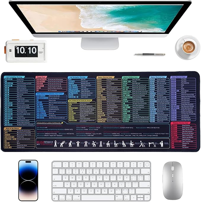 Excel Shortcuts Mouse Pad | XL Large(31.5x11.8 in) Waterproof Desk Mat with Basics Formulas & Over 200 Keyboard Shortcuts for Office, Work & Gaming, Non-Slip Rubber Base