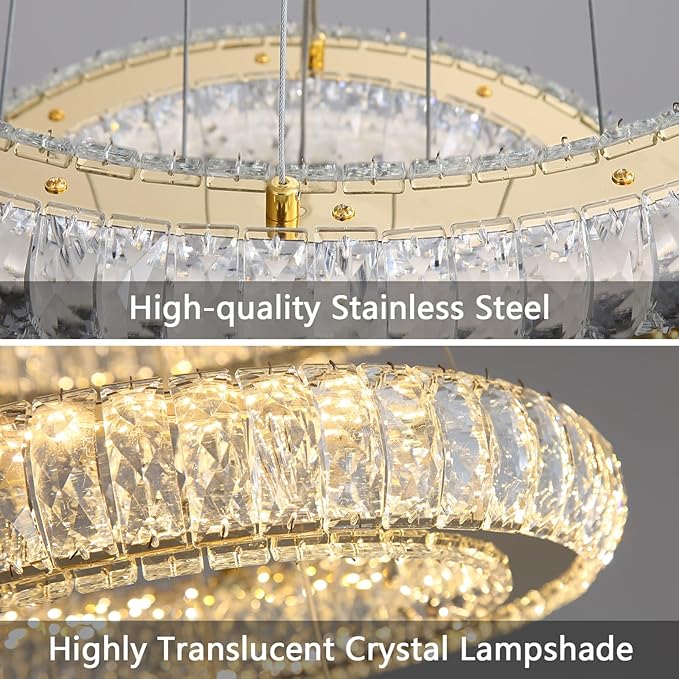 3 Rings Chandelier Modern Dimmable High Ceiling Large Ring Chanderliers Entryway Crystal Pendant Lights for Entryway Foyer Living Room Gold Light