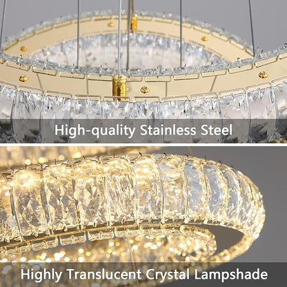 3 Rings Modern LED Chandelier Crystal Dimmable Large Foyer Chanderliers Entryway High Ceiling for Staircase Pendant Lights for Living Room Gold Light