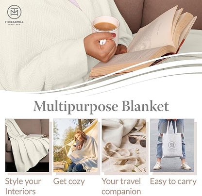 Threadmill Luxury Cotton Blankets for King Size Bed | All-Season Cozy 100% Cotton King Size Blanket | Herringbone Soft Fall Thermal Blanket fits Cal King Size Bed | Tusk White