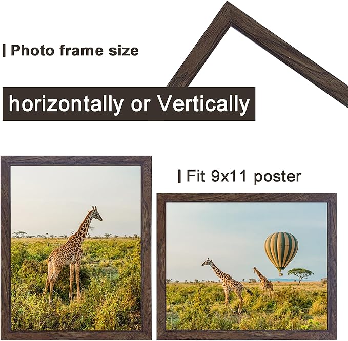 9 x 11 Picture Frame Set of 3, Poster Photo frame, Horizontal and Vertical Formats for Wall or Tabletop, 9 x 11 walnut Wooden Frame with Shatter Resistant Plexiglass, best gift
