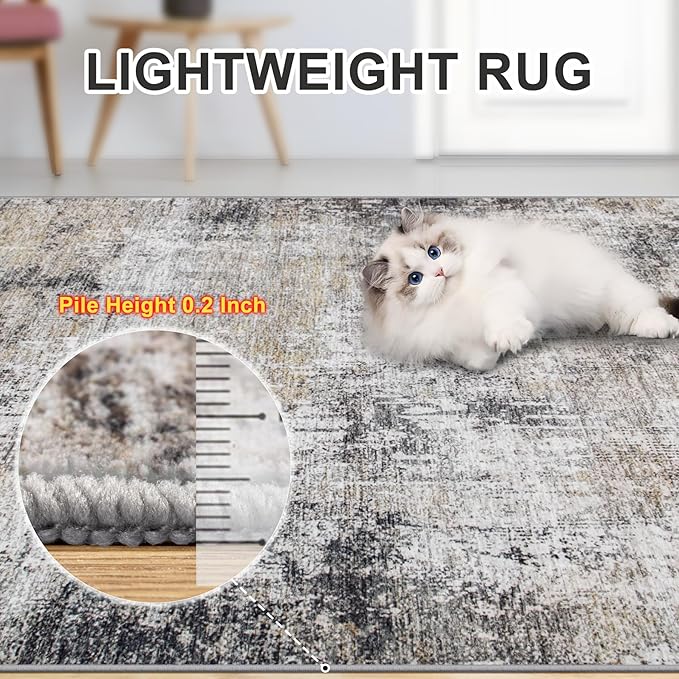 Area Rugs 10x14 Living Room - Washable Rug Modern Abstract Soft Large Neutral Non-Slip Carpet Indoor Floor Thin Carpets for Bedroom Dining Room Farmhouse Nursery Home Office Brown Black Grey