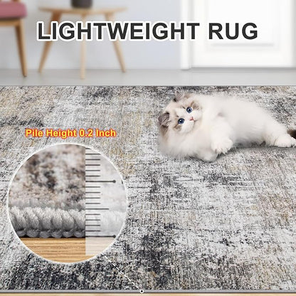 Area Rugs Living Room Rug - 5x7 Washable Modern Abstract Soft Neutral Non-Slip Carpet Large Indoor Floor Thin Carpets for Bedroom Dining Room Farmhouse Nursery Home Office Brown Black Grey