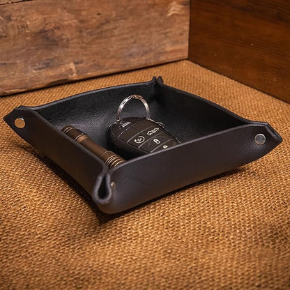 Valet Tray – Full-Grain Leather Catchall Organizer for Keys, Phone & Wallet – Rustic Nightstand & Desk Tray with Raised Sides – Handmade in USA (Black, Small Square)