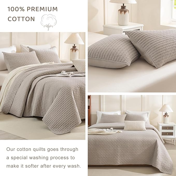 Sanracie Stonewashed Cotton Coverlet Oversized King(102"x118"), Linen Colored Cross Stitch Pattern Quilt Sets 3Pcs Ultra Soft Lightweight Crinkle Bed Coverlet Set for All Season