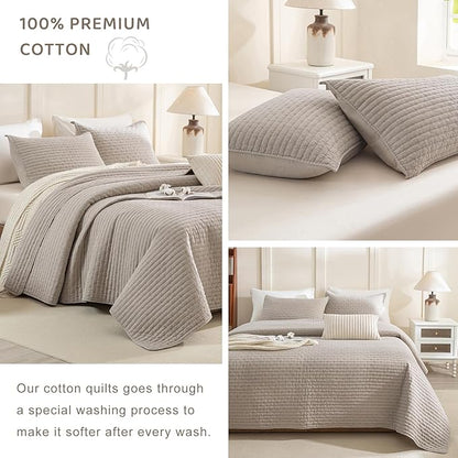Sanracie Cotton Quilt Set King Size(110"x98"), Linen Colored Ultra Soft Stonewashed Crinkle Quilt Bedspread Set 3Pcs Cross Stitch Pattern Lightweight Breathable Bed Coverlet Set for All Season