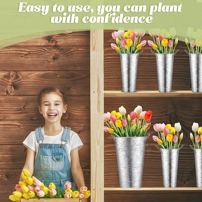 Chumia 8 Pcs Galvanized Flower Buckets Bulk 12.6 Inch and 9 Inch DIY Bouquet Bar Supplies Table Decor Vase Wedding Tall Metal French Cut Planter Rustic Vintage Centerpiece Farmhouse Florist