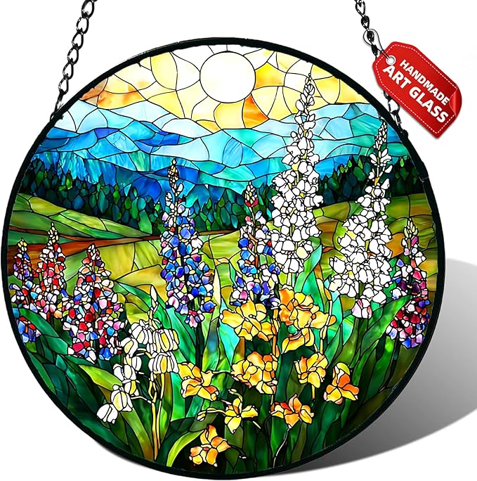 Stained Glass Window Hanging, Wildflowers Plant Scenery Suncatcher for Door Home Decor,Valley Sunrise Sun Catcher Ornament Mother's Day Birthday Gifts for Women Men Mom 7.8 in