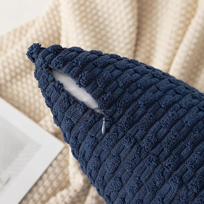Kevin Textile 12x24 Inch Pillow Cover 1 Pack Boho Decorative Soft Striped Corduroy Lumbar Farmhouse Color Accent Rectangle Cushion Case for Living Room Couch Sofa Bed, Navy Blue