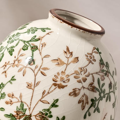 Green and Beige Antique Vase, 5.83 Inch Vintage Chinoiserie Floral Vase, Rustic Ceramic Vase for Home Decor, Living Room, Bookshelf, Office, Entryway, Garden, Chinoiserie Decor, Tuscan Decor